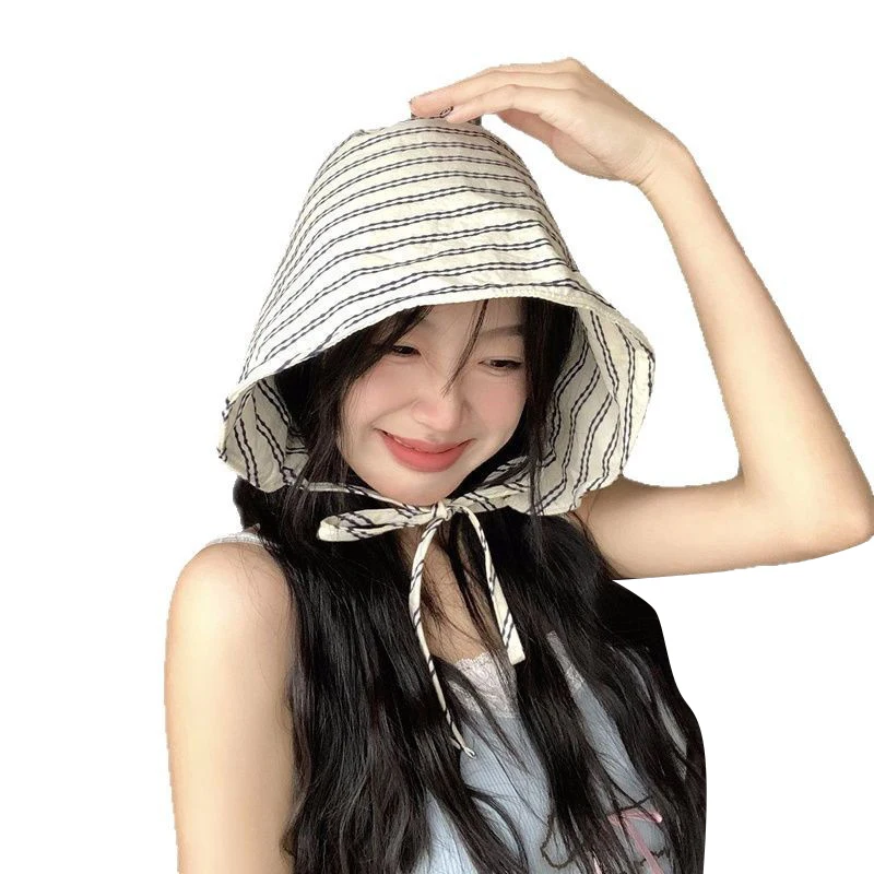 LarGe Brim FoLdabLe Bucket Hats with StrinG for Women Korean Striped Female Panama Bob Outdoor Beach Fishermen Hat