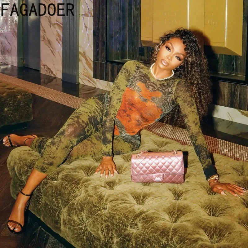 FAGADOER Sexy Aesthetics Print Bodycon Jumpsuit Women Mesh See Through Long Sleeves Rompers Female Streetwear Overalls 2025 New