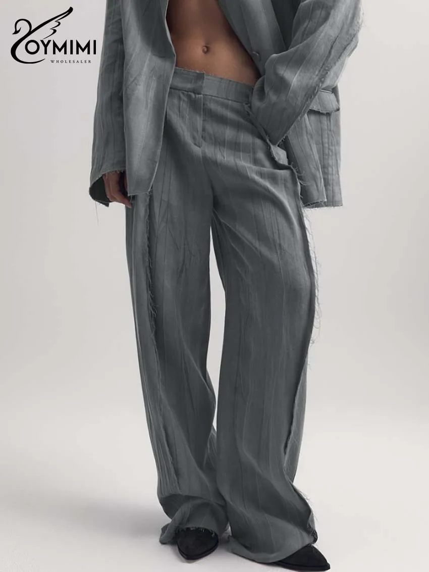 Oymimi Fashion Grey Tence Sets For Women 2 Pieces Casual Long Sleeve Pockets Single Button Shirts And Straight Trousers Sets