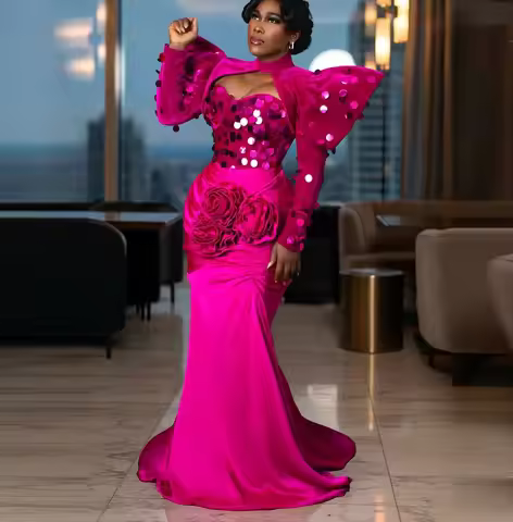 Fuchsia Two Pieces Evening Party Dress High Neck Long Sleeves Mermaid Prom Dress With Sequins Flowers Aso Ebi Birthday Gowns