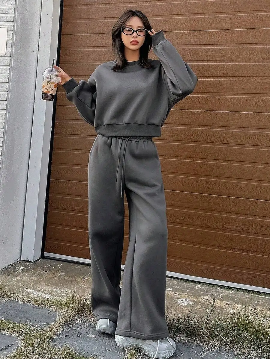 

2pcs Women Solid Round Neck Sweatshirt And Wide Leg Pants Set Fall Casual Lounge Wear