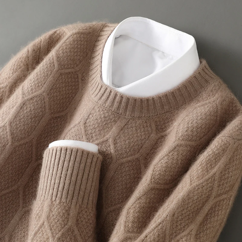 Fall/Winter New Round Neck 100% Mink Cashmere Sweater Men's Twisted Flowers With Loose Knit Bottoming Shirt