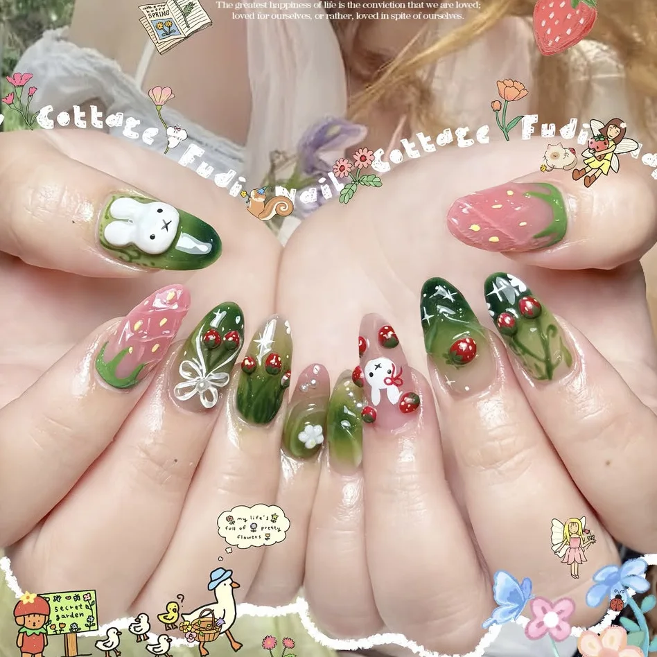 

24pcs Cute Green Bow Press on Nails Spring Strawberry Bunny Fake Nail Short Almond Full Coverage Nail Tips for Women&Girl Nails