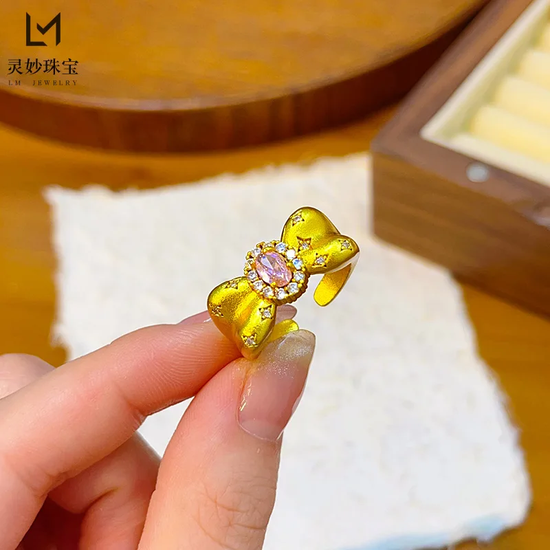 

9999 24K real gold girl heart powder point diamond escape princess bow ring high-end feeling open index finger