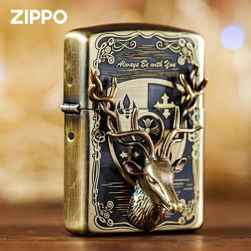Briquet zippo vintage emblème de cerf en laiton doré collection coupe-vent dans une boîte