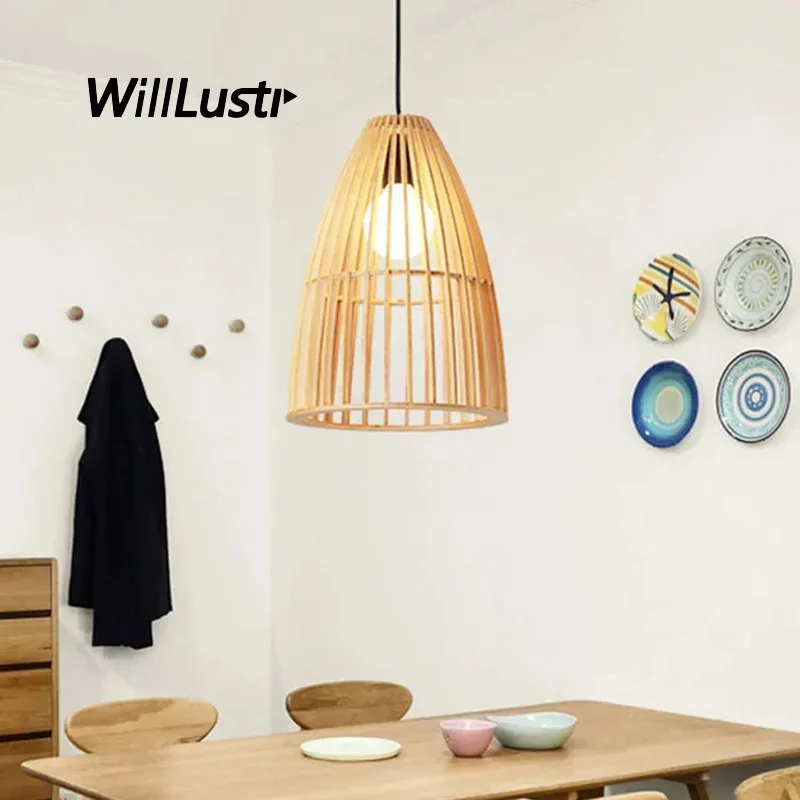 

Birdcage Pendant Lamp Japan Style Wood Suspension Light Hotel Cafe Bar Study Dining Room Zen Hanging Ceiling Chandelier