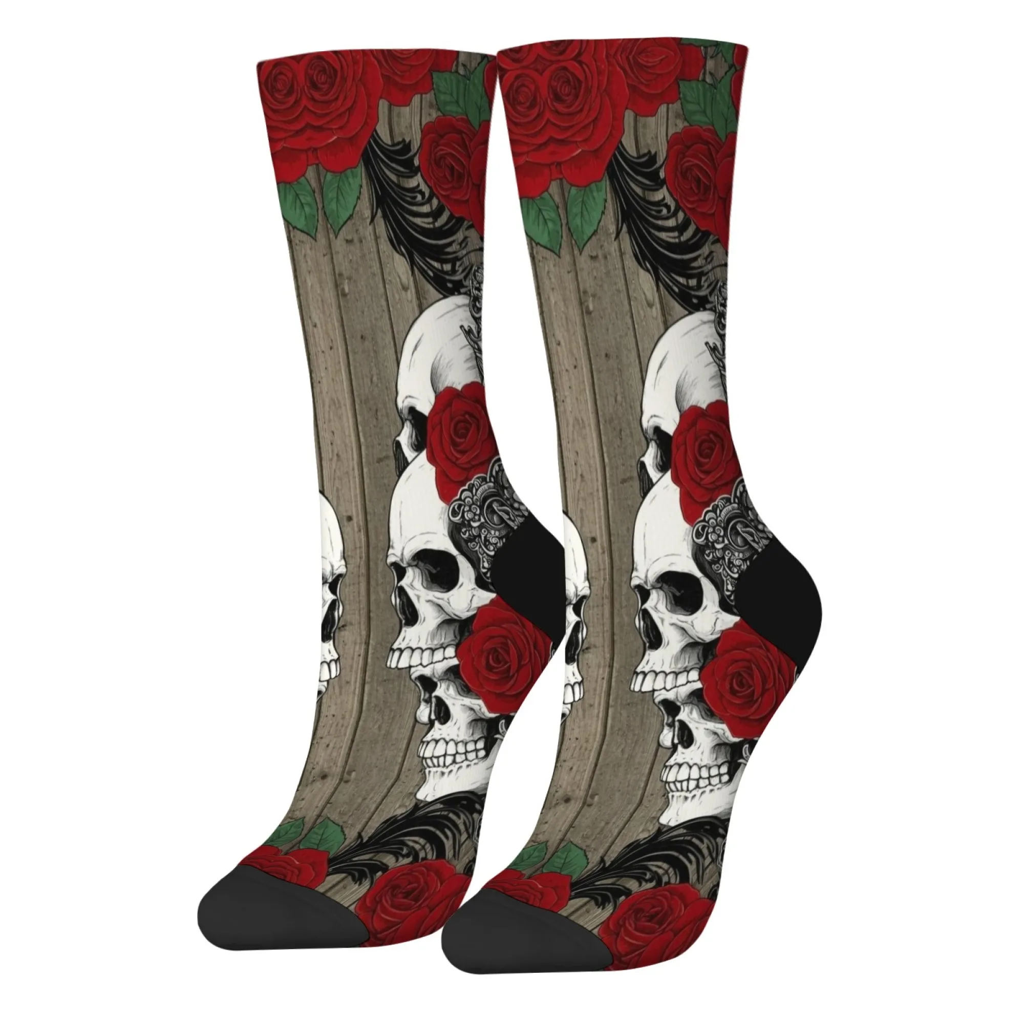 Hochmodische Crew-Socken mit modernem Totenkopf- und Rosen-Design, rote Highlights, weich, warm, modisch, Gothic, Alltag und Partykleidung