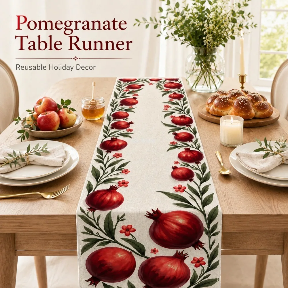 Shana Tova Table Runner Pomegranate Design Reusable Rosh Hashanah Holiday Decor for Kitchen Dining Table and Home Party