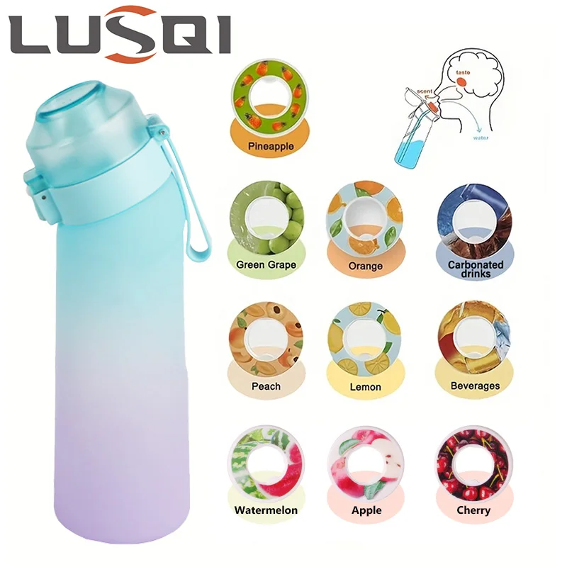 Lusqi luft aromatisierte Wasser flasche mit 7 Geschmacks ringen Sport mode Stroh Tritan Plastik becher geeignet für Outdoor-Sport Fitness