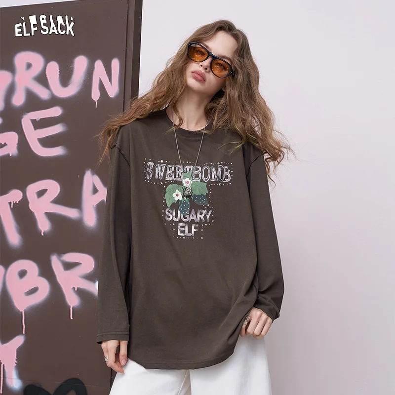 

ELFSACK 2025 Autumn New Arrival Casual Cute Daisy Print Gradient Letter Oversized Long Sleeve T-Shirt for woman