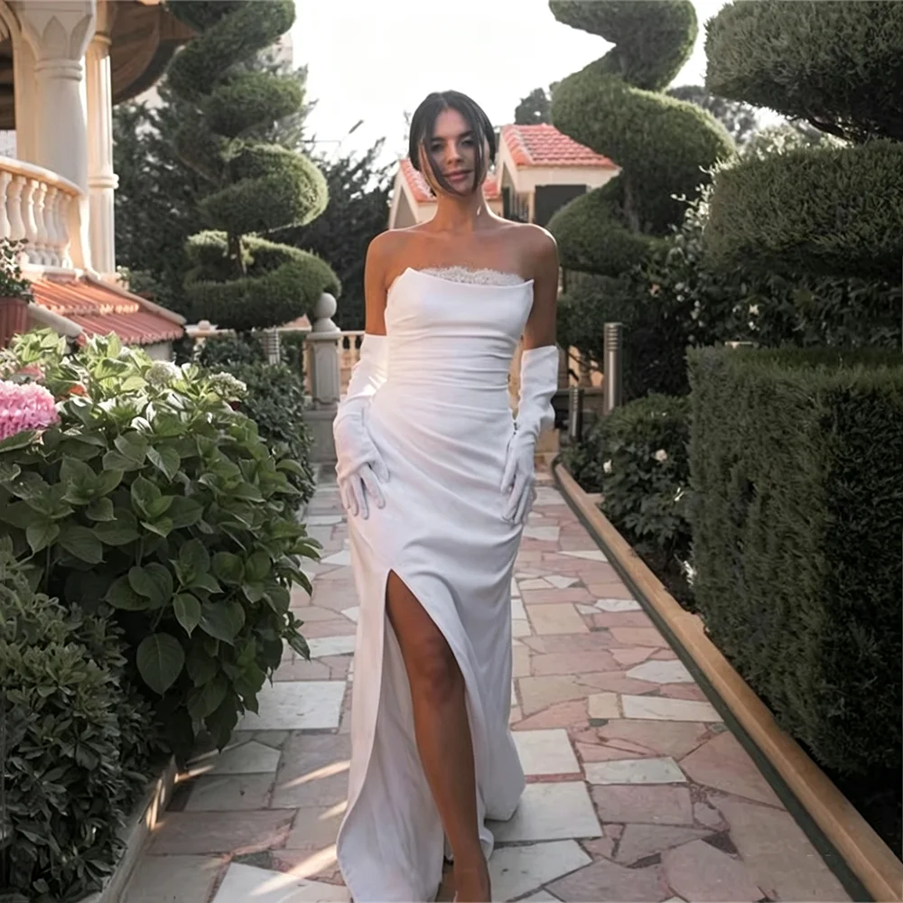 Strapless Lace Trim Satin Mermaid Wedding Dress Women Elegant Ruched High Split Bridal Gown Custom Formal Party Vestido De Novia