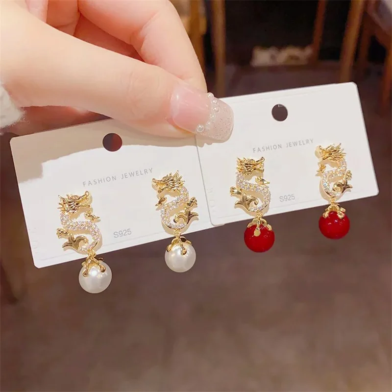 Year Of The Dragon Earrings Fashion Pearl Diamond Earrings Light Luxury Senior Sense Of The Chinese Zodiac Jewellery Girl Gift