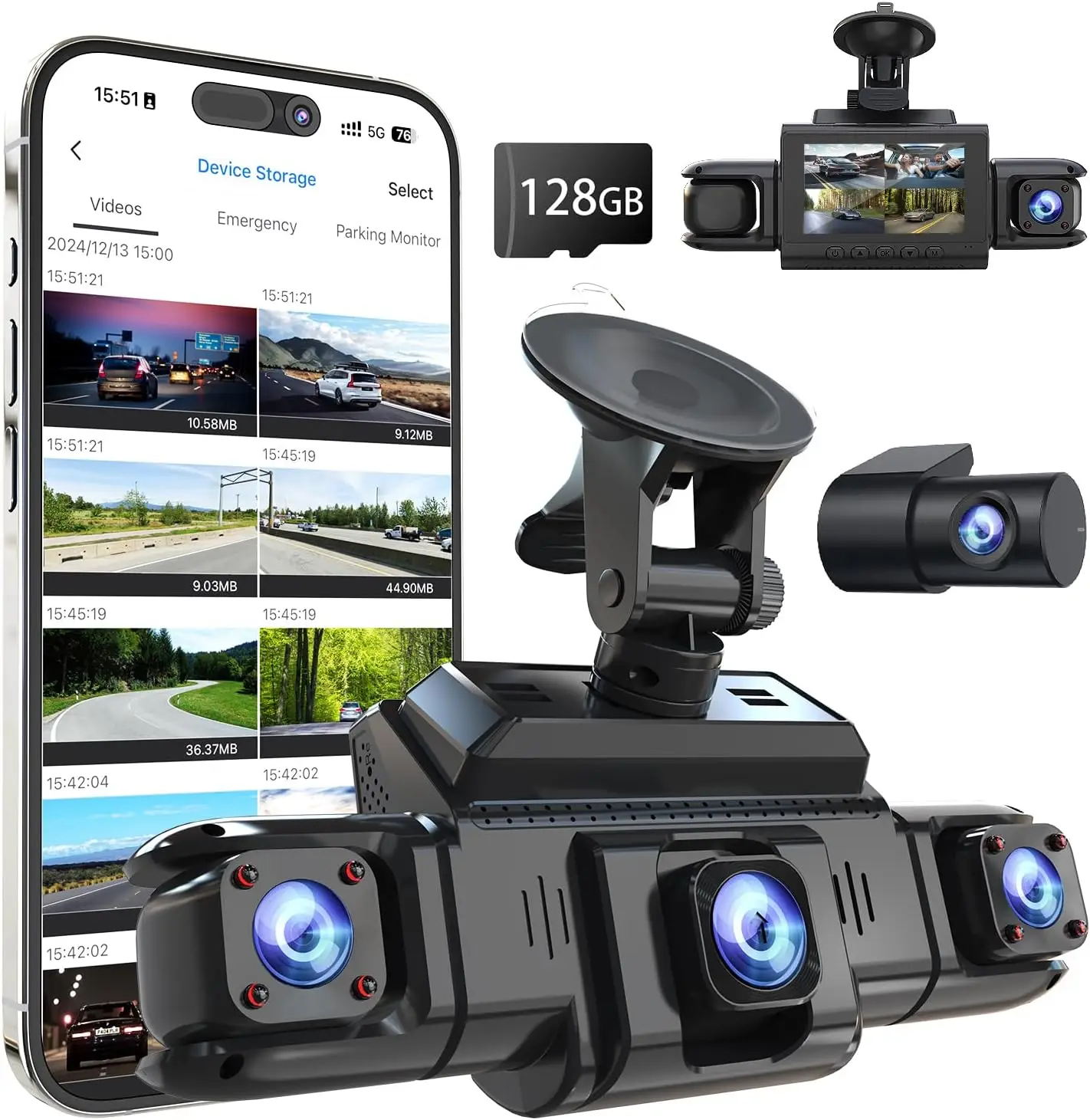 

4-канальная автомобильная видеорегистратор с обзором на 360 градусов, GPS, Wi-Fi, ночным видением, режимом парковки и картой 128 ГБ