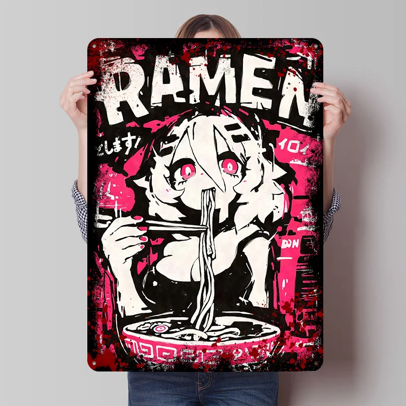 Anime Girl Eating Ramen Graffiti Printed Poster Customized Wall Art Retro Vintage Metal Tin Signs for Room Decoration Aesthetic