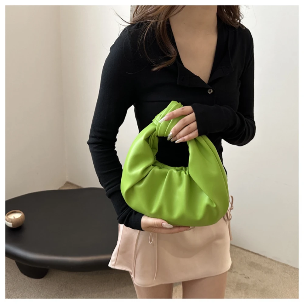 Women Pleated Clutch Bag Solid Color PU Leather Knot Top Handle Bag Fashion Simple Ladies Ruched Pouch for Outdoor Travel