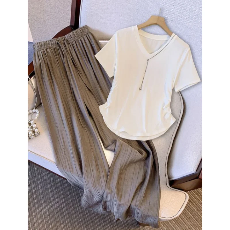 2024 Summer New Style V-neck Wrinkled Waist Slim Shoulder T-shirt High Waist Wide Leg Pants Casual Two Piece Set for Women