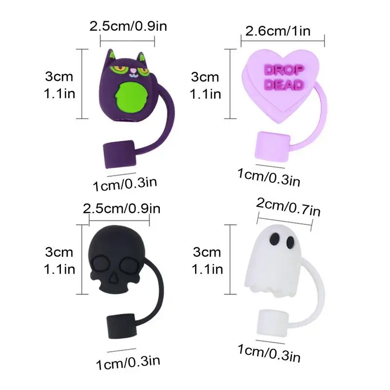 Halloween Straw Toppers For Tumblers 8mm Reusable Drinking Straw Topper Cat Shape Spill Proof Cover 4pcs Cartoon Toppers