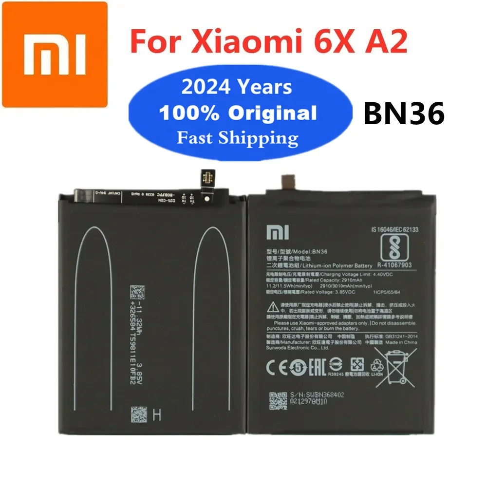 

2024 Years Xiao mi 100% Original Battery BN36 For Xiaomi Mi 6X Mi6X / Mi A2 MiA2 3000mAh Mobile Phone Battery Fast Shipping