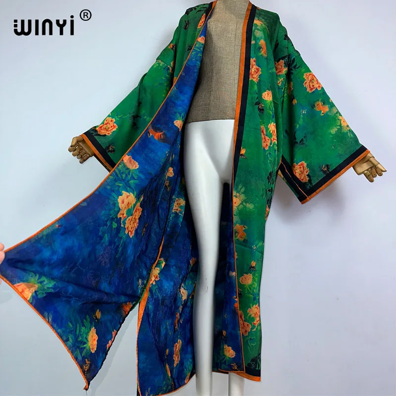 2023 WINYI jesienna wysokiej jakości dwustronna sukienka jedwabna odzież plażowa z nadrukiem kardigan w stylu Boho elegancka seksowna wakacyjna