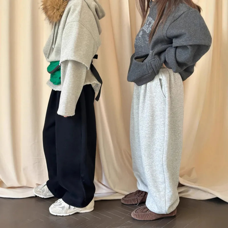 2005 Autumn Winter Boy Girl  Children's Fleece-Lined Thick Sweatpants Stylish Warm Alpaca Wool Casual Pants 2-12 Years Trouser