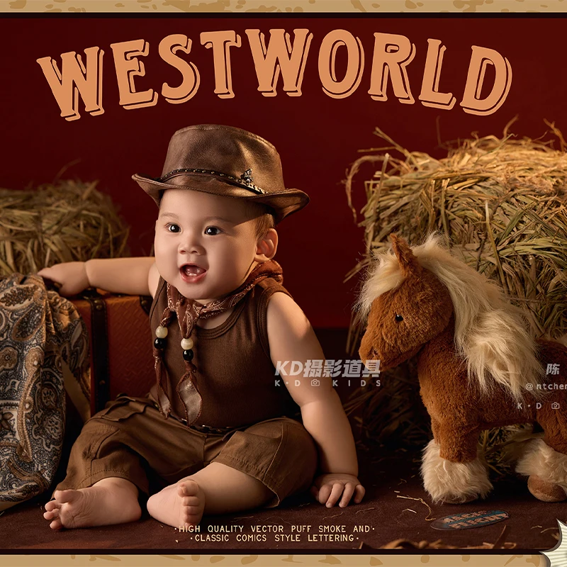 Newborn Photography Props Retro Cowboy Baby Costumes with Hat, Horse Plush and Horse Whip Accessory, 3-4M Baby Photoshoot Outfit