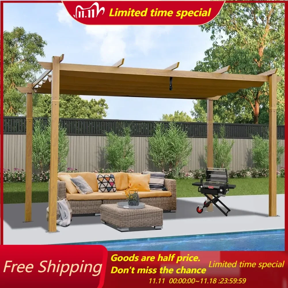 10' x 13' Outdoor Retractable Pergola, Gazebo Modern Grape Trellis Pergola with Sun Shade Canopy