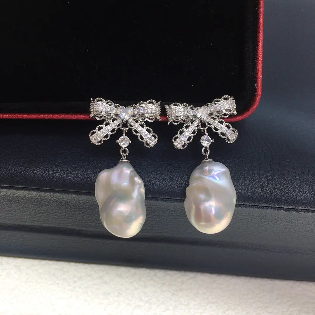 Bow and natural Baroque pearl earrings, small and fresh, AAA12-17mm/925s