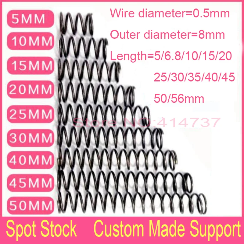 50pcs 0.5*8mm series small spot spring 0.5mm wire compression pressure springs 5--56mm