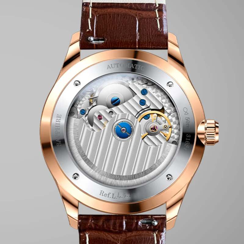 LOBINNI Rose Golden Elegant Moon Phase Design Calendar Display Brown Leather Mens Watch Brand Luxury Automatic Mechanical Watch