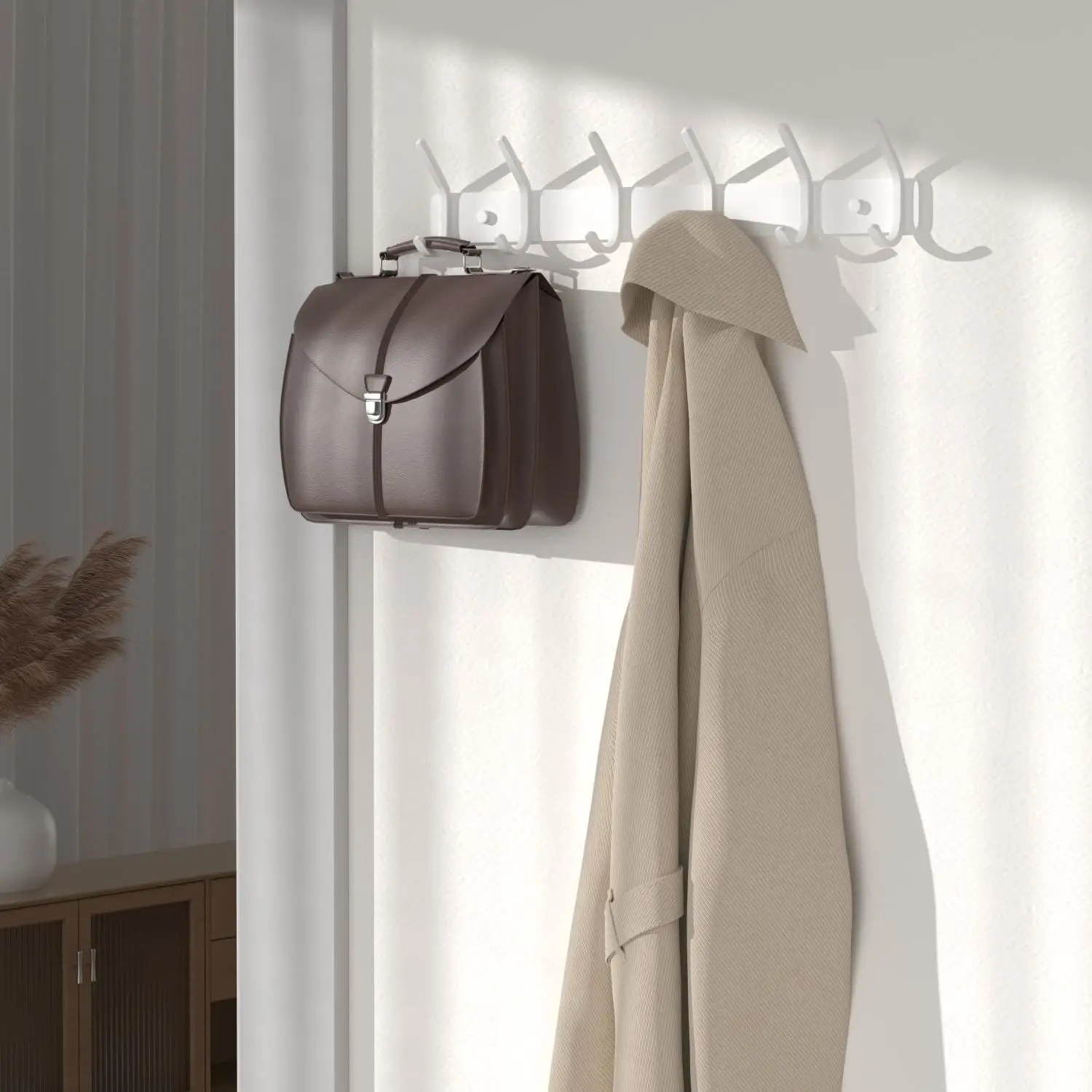 15 Inch Wall Mount Coat Rack with 6 Hooks, Matte White Metal Organizer for Entryway, Bathroom, and Kids Room