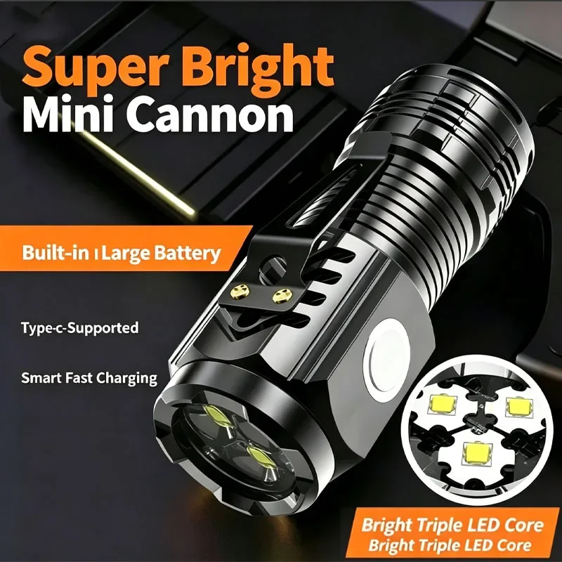 Portable 3-Eyes LED Flashlight Super Bright Small Pocket Torch Type-C Quick Charge Compact Clip Design Handheld Light for Hiking