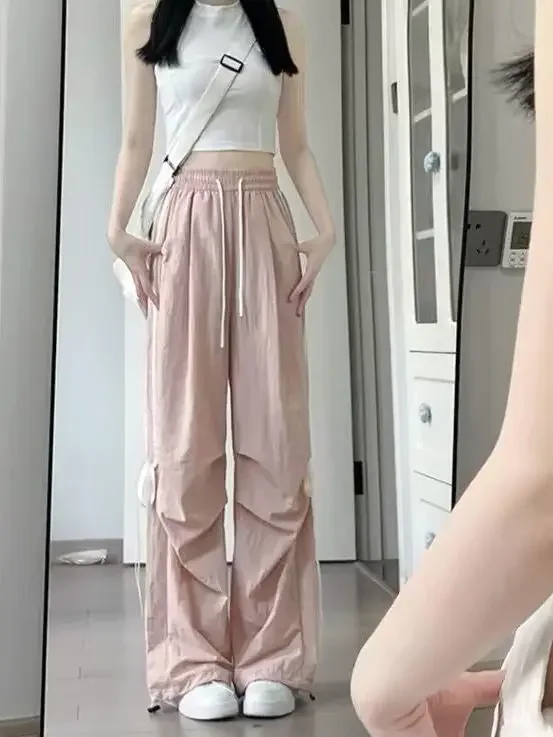 Bow Wide Leg Pants for Summer, Thin American Style Quick Drying Parachute Work Pants, High Waisted Hanging Casual Pants