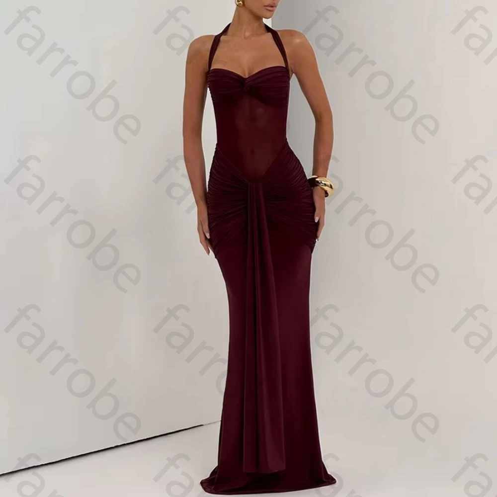 Abiti da sera eleganti senza maniche con cinturino per spaghetti Abito lungo con pieghe senza schienale Squisiti abiti da ballo di alta qualità personalizzati