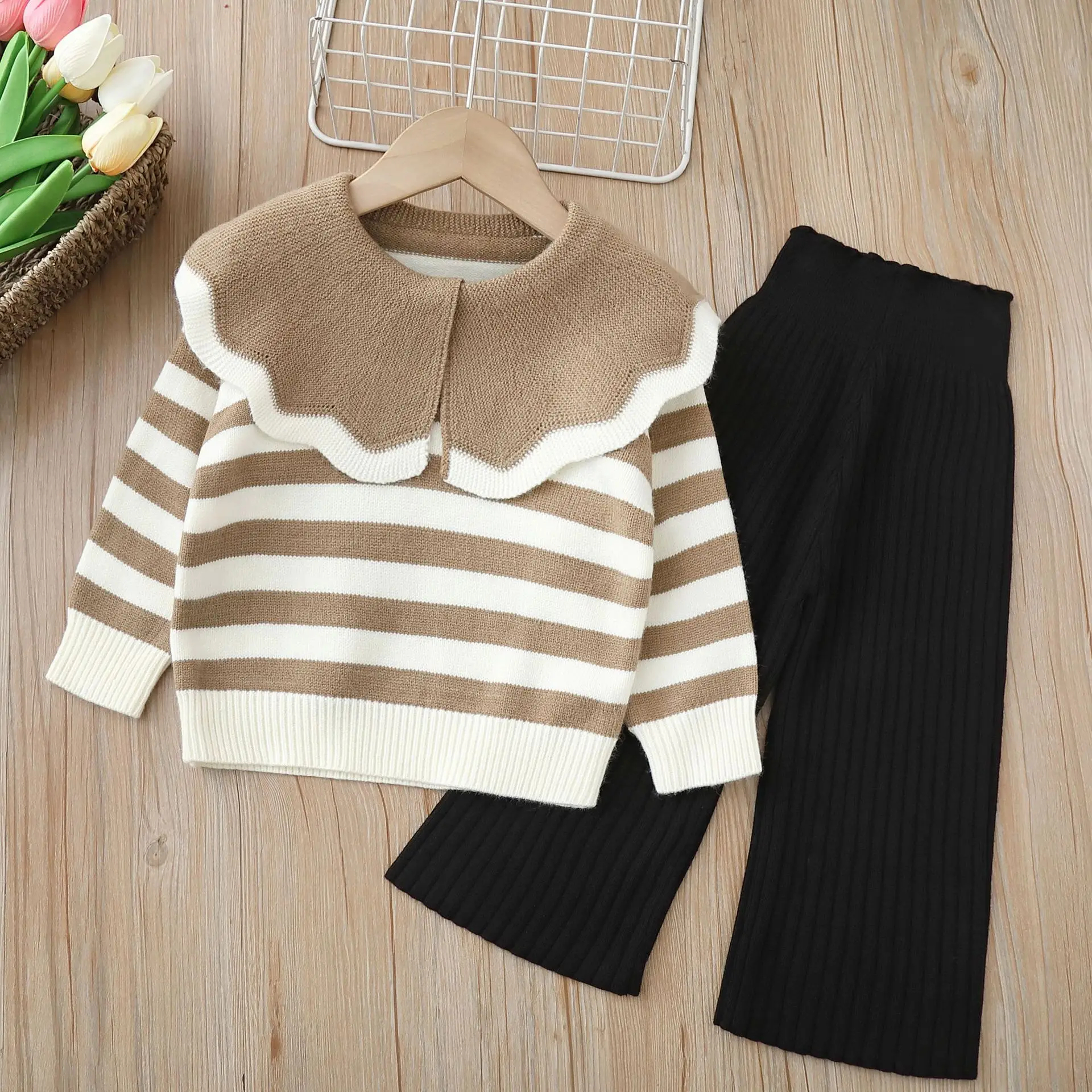 2024 Girl Sweater Two Piece Set Knitted Suit Autumn New Pattern Flip Collar Girl Round Neck Sweater