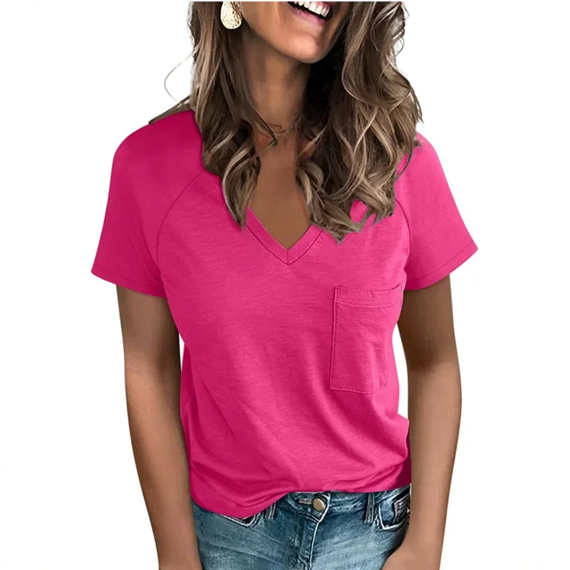 Women Single Chest Pocket Decoration T-Shirt Elegant Solid Color Commuter Tops Female Casual V Neck Pullover Short Sleeve Tees 4