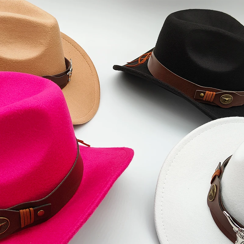 New Western Hat Men Women Cowboy Style Leather Hats Wool Chapeu Western Gentleman South States  Jazz Cap Cowgirl Hats Cow Band