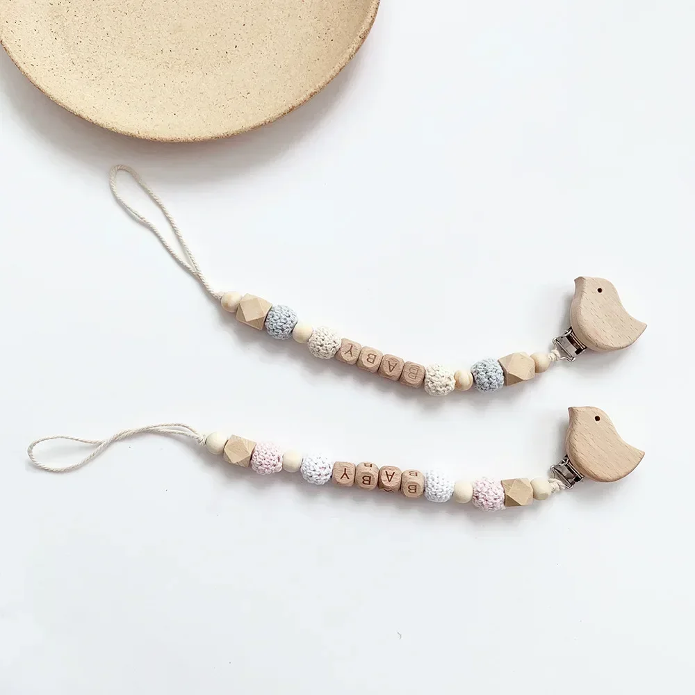 INS Baby DIY Personalized Name Pacifier Clips Chain Wood Crochet Silicone Beads Newborn Dummy Nipple Holder Clip Teething Toys