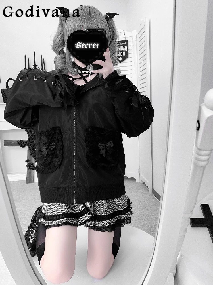 

Оригинальная черная куртка Subculture, осенне-зимняя новая милая крутая свободная тонкая куртка для девочек, женское пальто с капюшоном Kawaii с кроличьими ушками