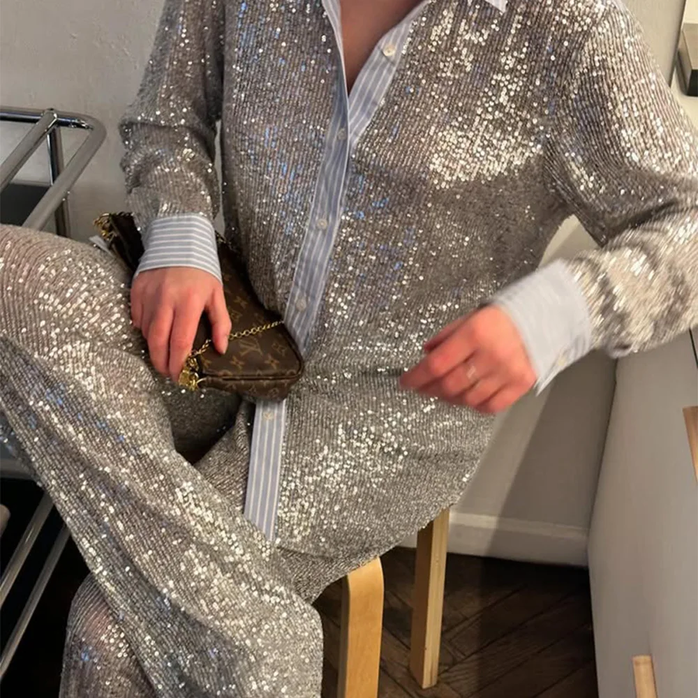

2025 Summer Fashion Must-Have Sequined V-Neck Long Tunic & Slim Fit Shorts Two-Piece Set Trendy Women's Casual Sexy Outfit 티셔츠