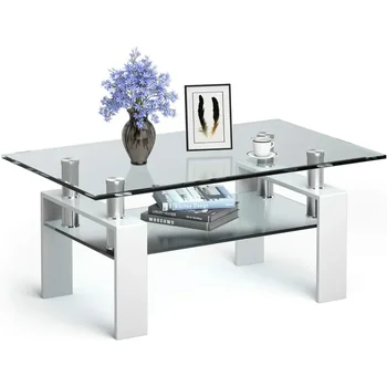 Image Coffee Table, Modern Side Coffee Table w/Lower Shelf, Tempered Glass Tabletop & Metal Legs, Suitable for Living Room Office