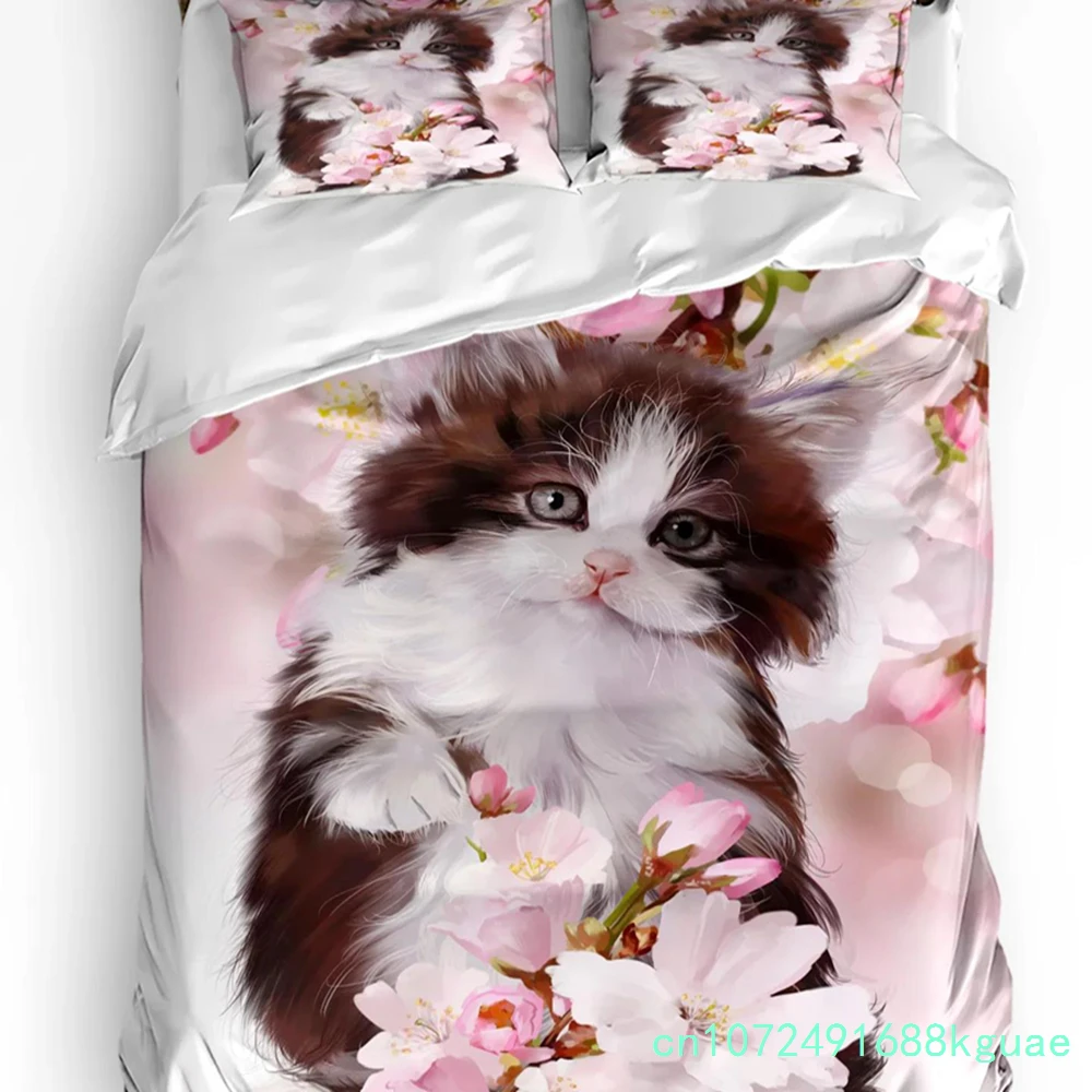 Pet Cat Cute Pink Carnation Flowers 3pcs Bedding Set For Bedroom Double Bed Home Textile Duvet Cover Quilt Cover Pillowcase