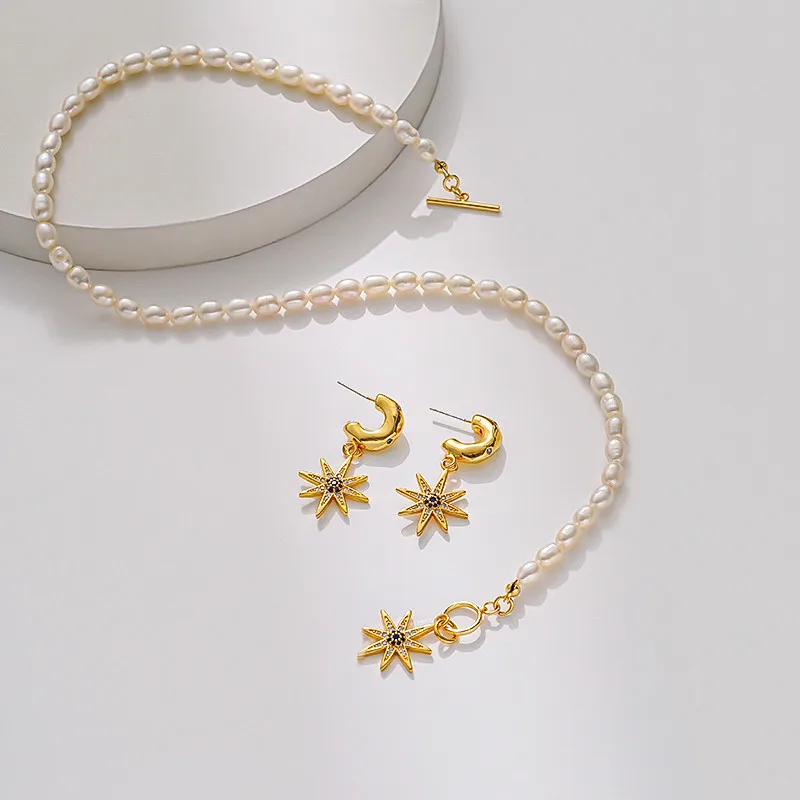 

Fashionable Exquisite Star Charms C Earrings Elegant Freshwater Cultured Pearl Short Necklace for Women Ins Style Jewelry Set