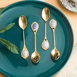 Stainless Steel Spoons Inlay Ceramic Coffee Ladles, Vintage Gold Plating Dessert Spoon, High-class Cake Scoops, Christmas Gift