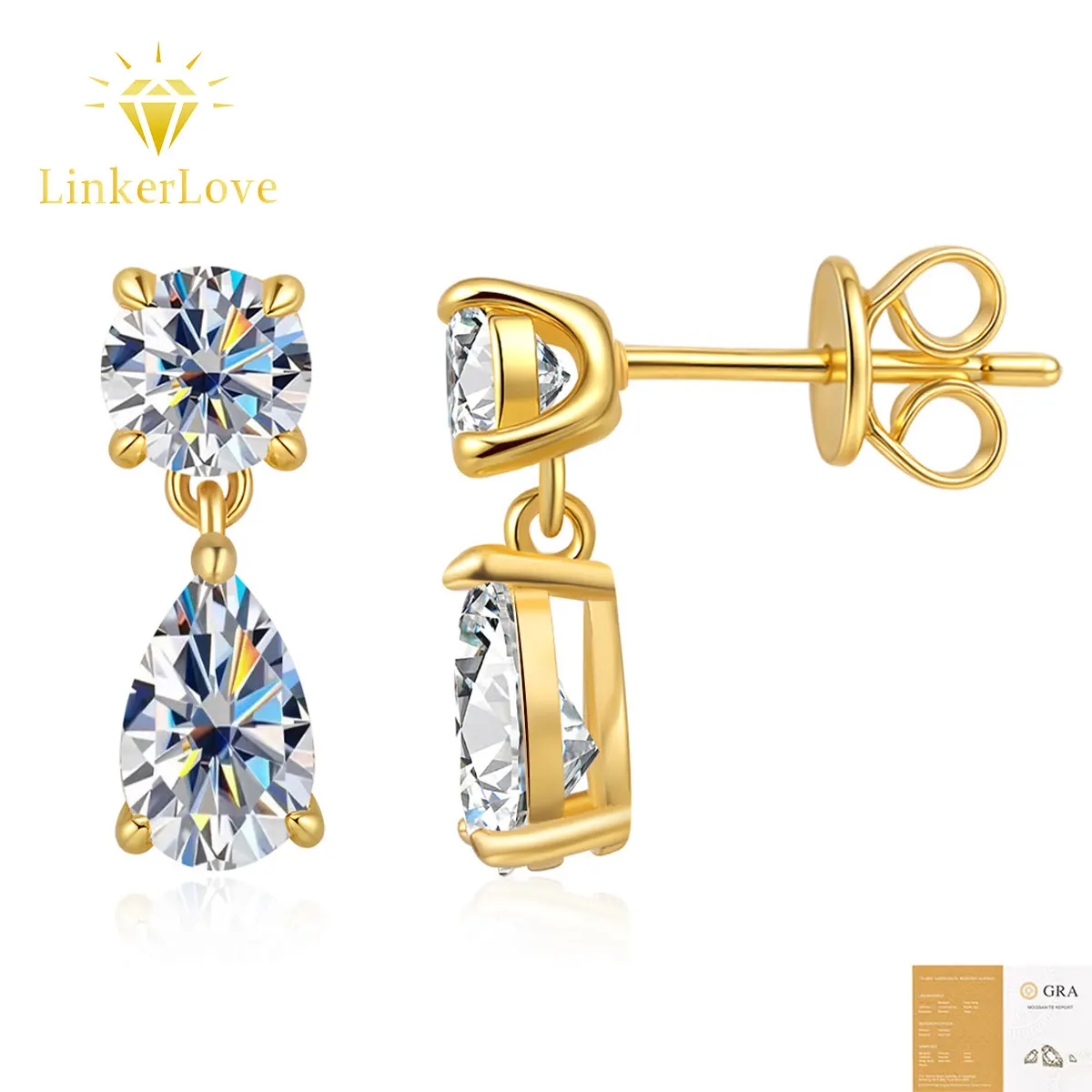 LinkerLove Waterdrop Moissanite Dangle Earrings 925 Sterling Silver Gold Plated Hypoallergenic Wedding Jewelry Gift for Women