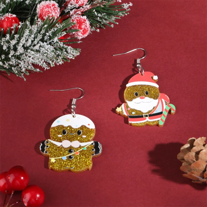 Christmas Gingerbread Man Santa Claus Asymmetrical Dangle Earring for Women Cute Xmas Hat Dog Kitten Acrylic Earrings Jewelry - Image 2