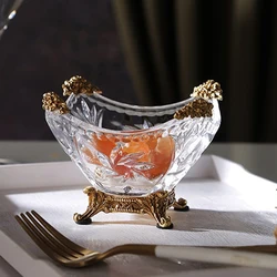 Crystal Glass Fruit Snack Bowl European Transparent Home Decoration Brass Base Snack Nut Storager Decorative Bowl Ornaments
