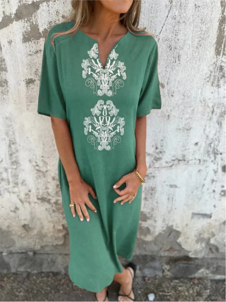 Abito con stampa Boho alla moda per donna Abiti casual con scollo a V a maniche corte Abiti larghi Robe Femme Gonne per le vacanze estive Abbigliamento donna Nuovo