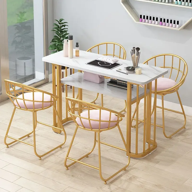 

NordicImitation Marble Board Net Celebrity Marble Pattern Nail Table Chair Set Wrought Iron Single Double Triple Manicure Tables