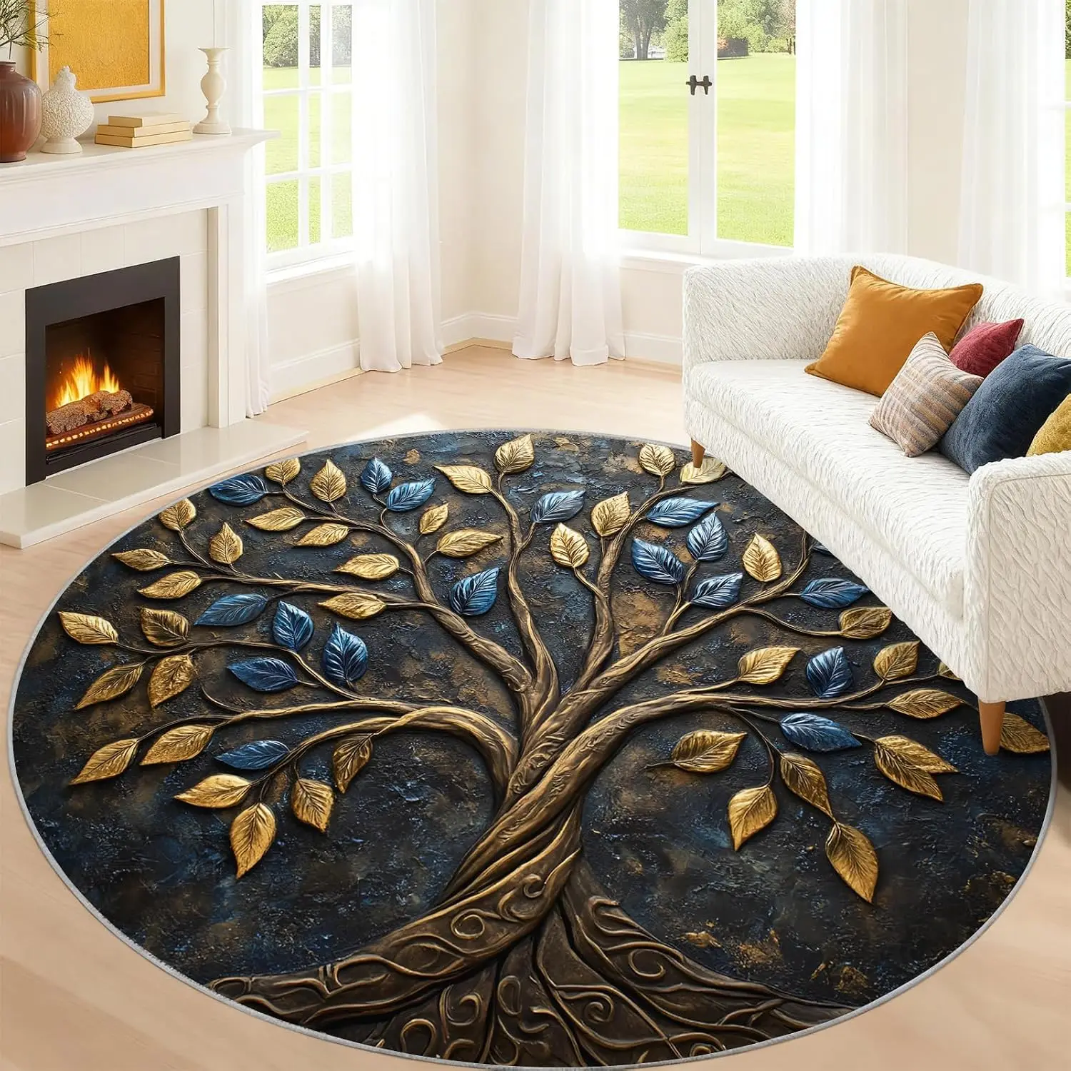 Large Circular Tree of Life Rug for Boho Chic Living Room Area Mat Decorative Indoor Floor Carpet Rustic Luxury Decor