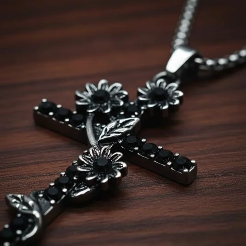 

Gothic Black Flower Cross Necklace, Retro Punk Street Style Pendant Necklace Unisex Fashion Party Accessories